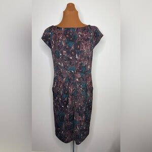 Talbots Abstract Print Multicolor Cap Sleeve Pleated Front Midi Dress Size 8